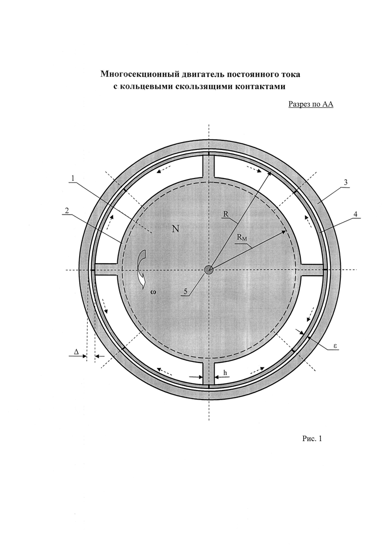 Многосекционный двигатель постоянного тока с кольцевыми скользящими  контактами. Российский патент 2018 года RU 2667889 C1. Изобретение по МКП  H02K23/04 H02K25/00 .
