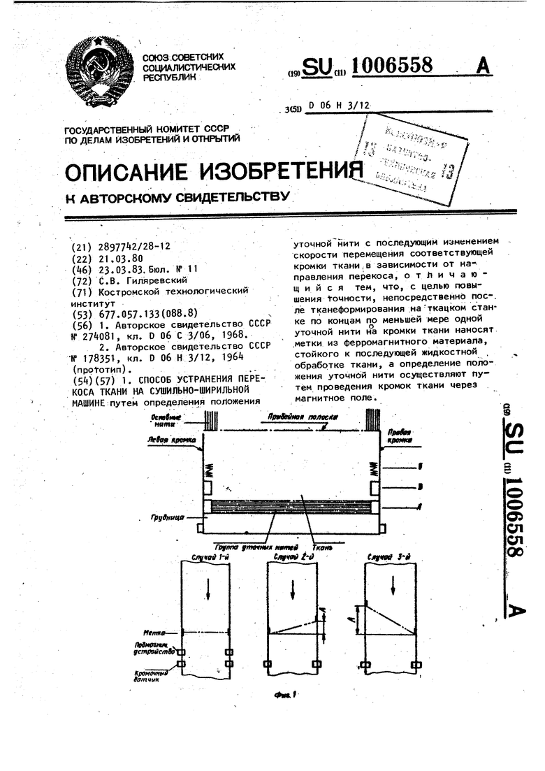 Способ устранения перекоса ткани на сушильно-ширильной машине. Советский  патент 1983 года SU 1006558 A1. Изобретение по МКП D06H3/12 .