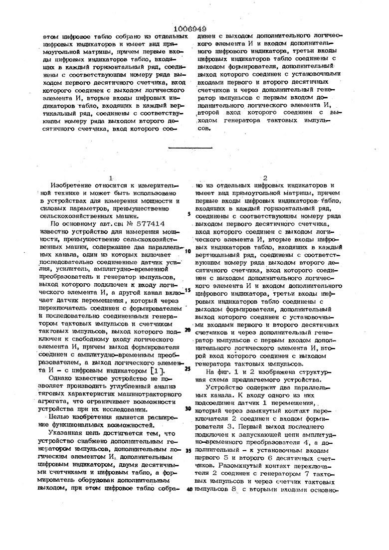 Устройство для измерения мощности преимущественно сельскохозяйственных  машин. Советский патент 1983 года SU 1006949 A2. Изобретение по МКП  G01L3/24 .