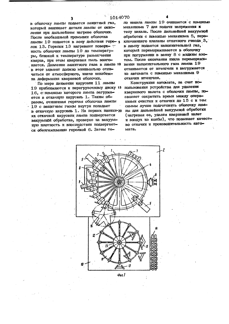 Автомат для откачки и наполнения ламп накаливания с кварцевой оболочкой.  Советский патент 1983 года SU 1014070 A1. Изобретение по МКП H01K3/24 .