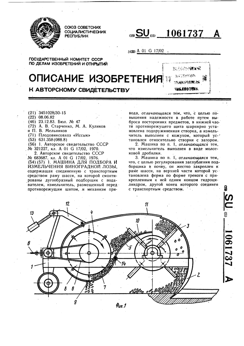 Машина для подбора и измельчения виноградной лозы. Советский патент 1983  года SU 1061737 A1. Изобретение по МКП A01G17/02 .