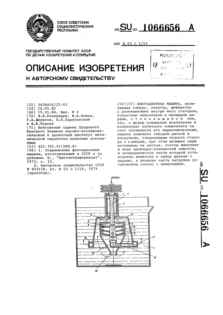 Флотационная машина. Советский патент 1984 года SU 1066656 A1. Изобретение  по МКП B03D1/14 .