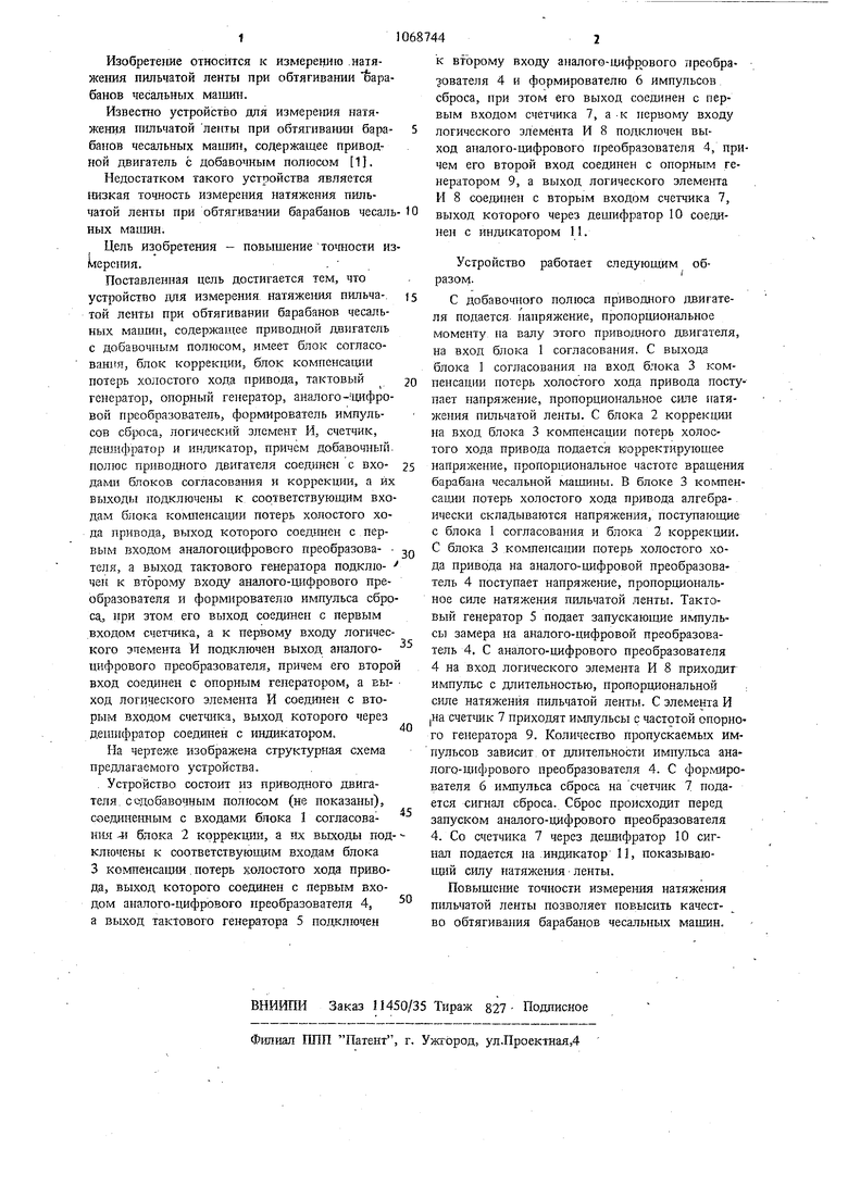 Устройство для измерения натяжения пильчатой ленты при оттягивании  барабанов чесальных машин. Советский патент 1984 года SU 1068744 A1.  Изобретение по МКП G01L5/10 D01G15/92 .