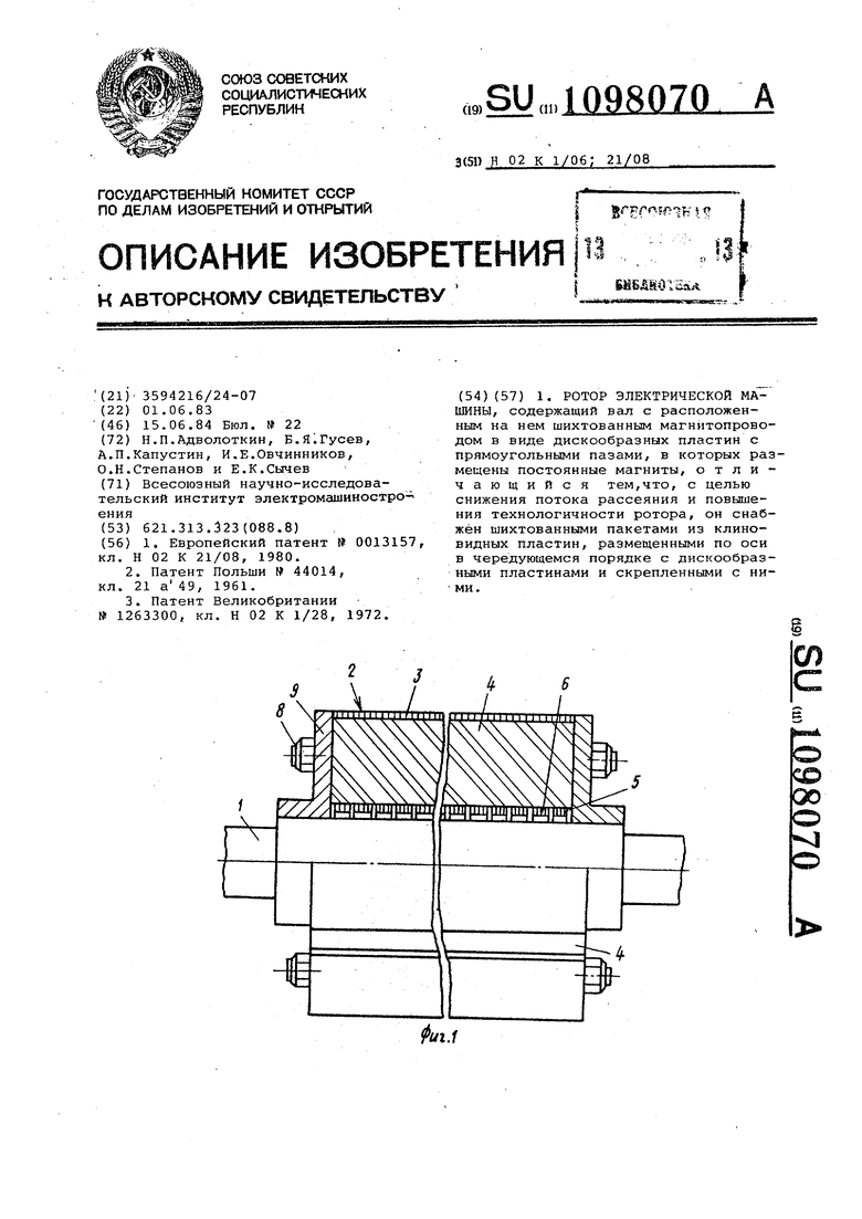 Ротор электрической машины. Советский патент 1984 года SU 1098070 A1.  Изобретение по МКП H02K1/06 H02K21/08 .