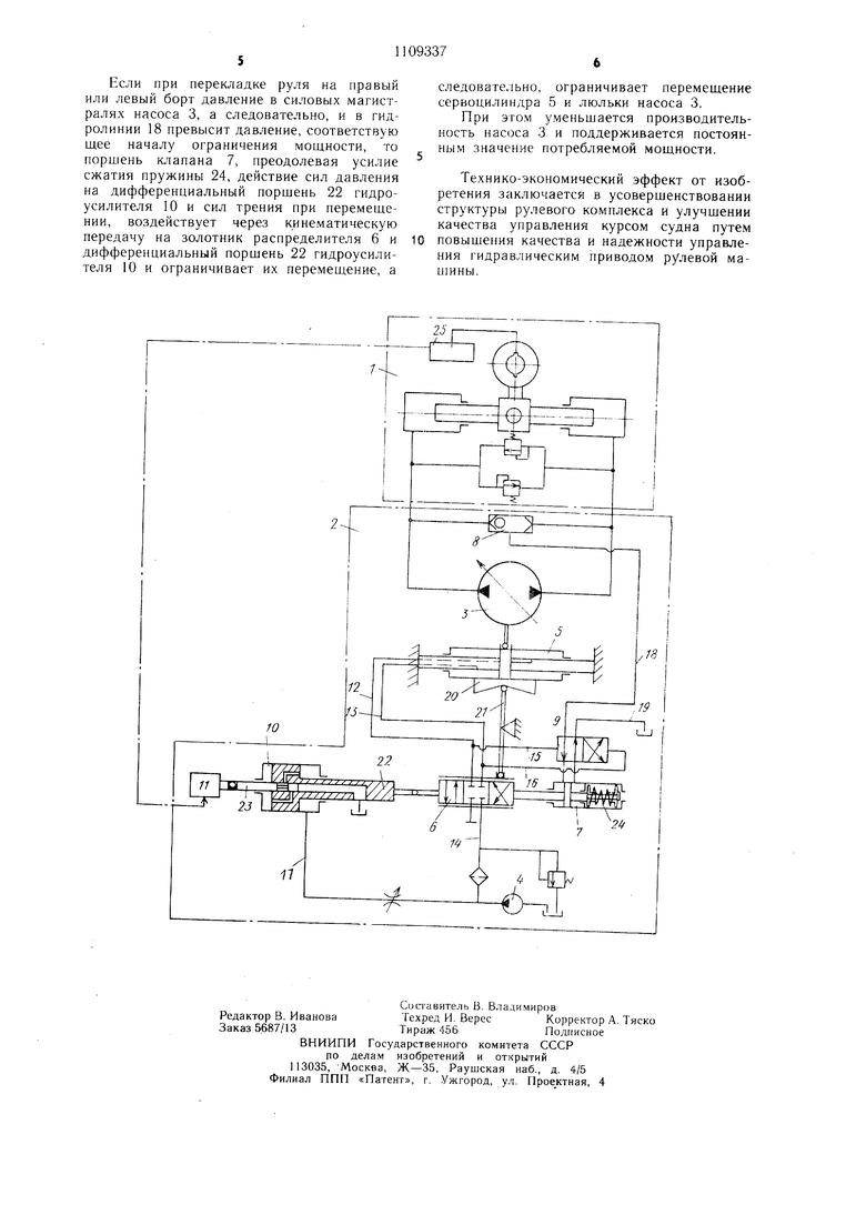 Гидравлический привод судовой рулевой машины. Советский патент 1984 года SU  1109337 A1. Изобретение по МКП B63H25/30 .