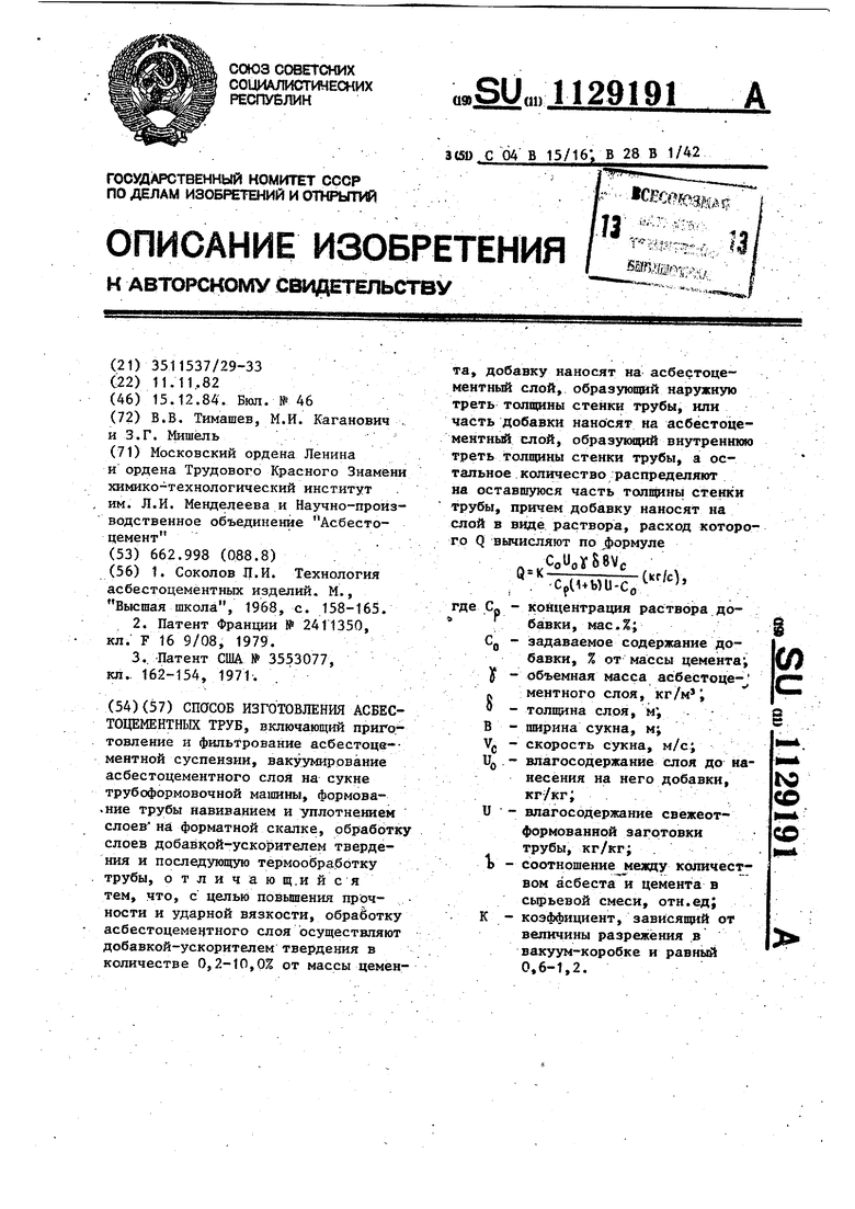 Способ изготовления асбестоцементных труб. Советский патент 1984 года SU  1129191 A1. Изобретение по МКП C04B15/16 B28B1/42 .