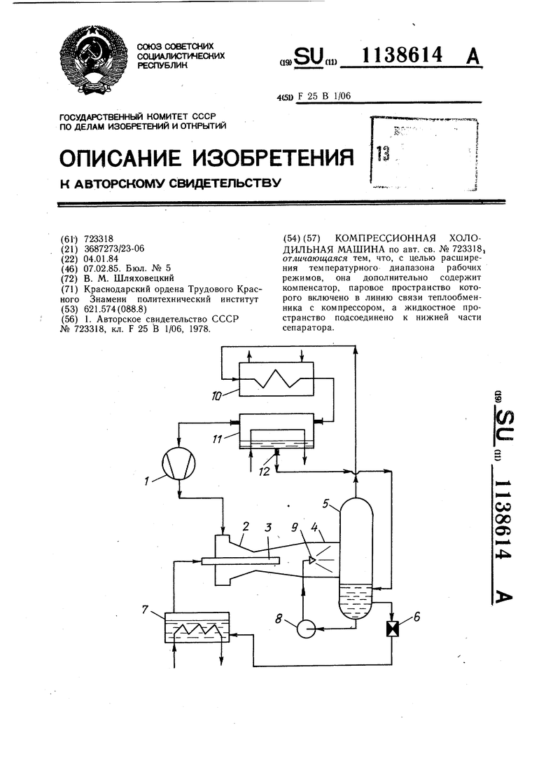 Компрессионная холодильная машина. Советский патент 1985 года SU 1138614  A2. Изобретение по МКП F25B1/06 .