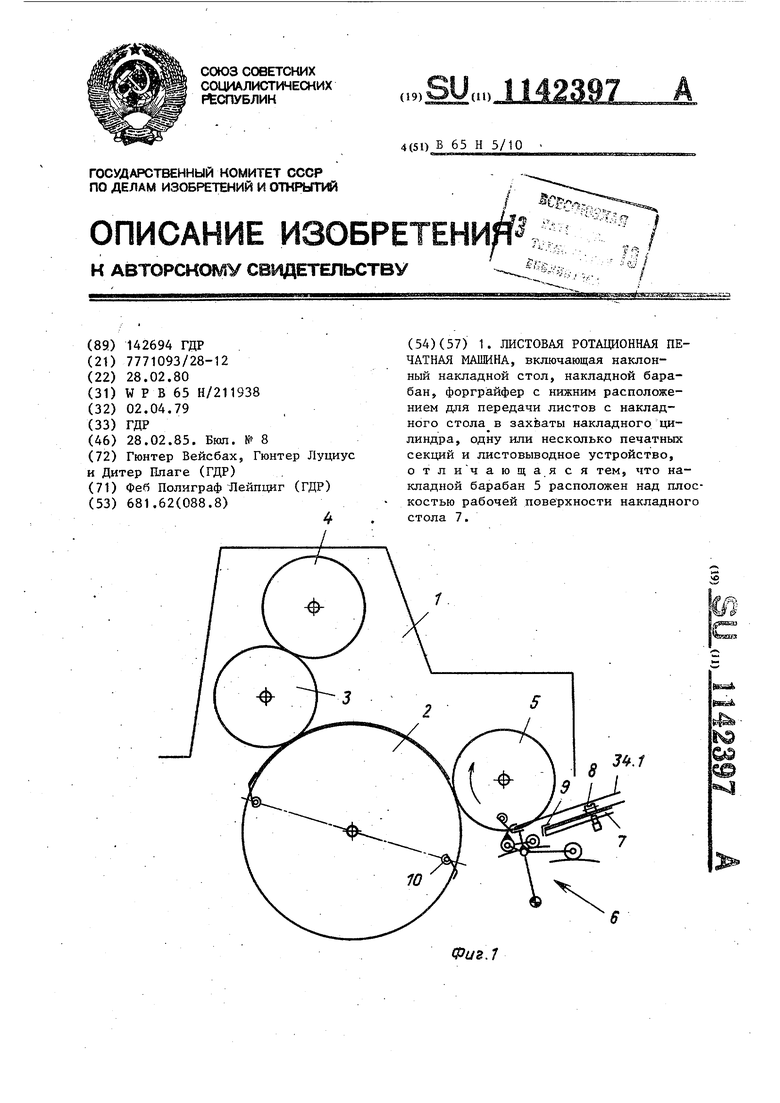 Листовая ротационная печатная машина. Советский патент 1985 года SU 1142397  A1. Изобретение по МКП B65H5/10 .