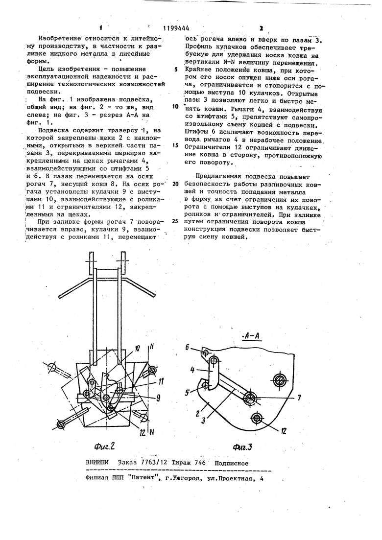 Подвеска для разливочного ковша. Советский патент 1985 года SU 1199444 A1.  Изобретение по МКП B22D41/06 .