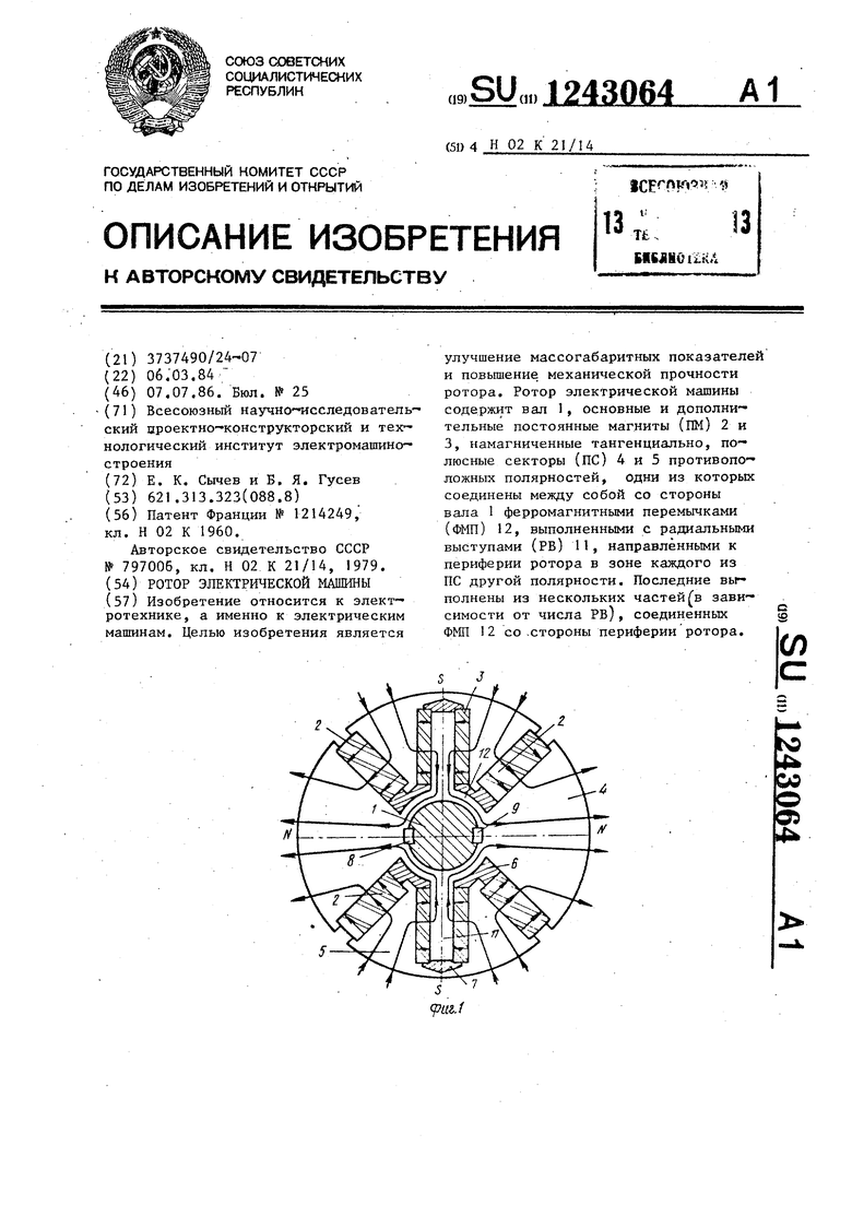 Ротор электрической машины. Советский патент 1986 года SU 1243064 A1.  Изобретение по МКП H02K21/14 .