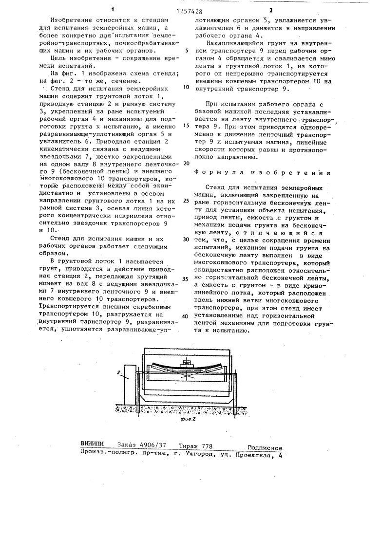 Стенд для испытания землеройных машин. Советский патент 1986 года SU  1257428 A1. Изобретение по МКП G01M15/00 E02F3/76 .