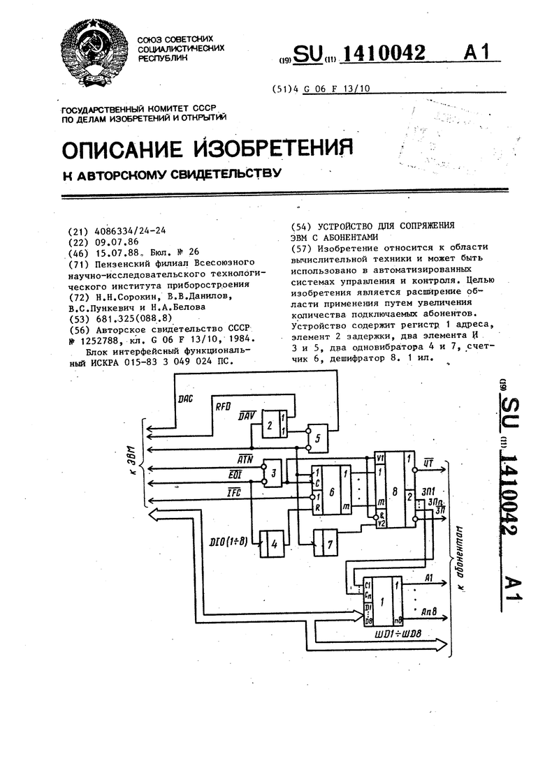 Устройство для сопряжения ЭВМ с абонентами. Советский патент 1988 года SU  1410042 A1. Изобретение по МКП G06F13/10 .