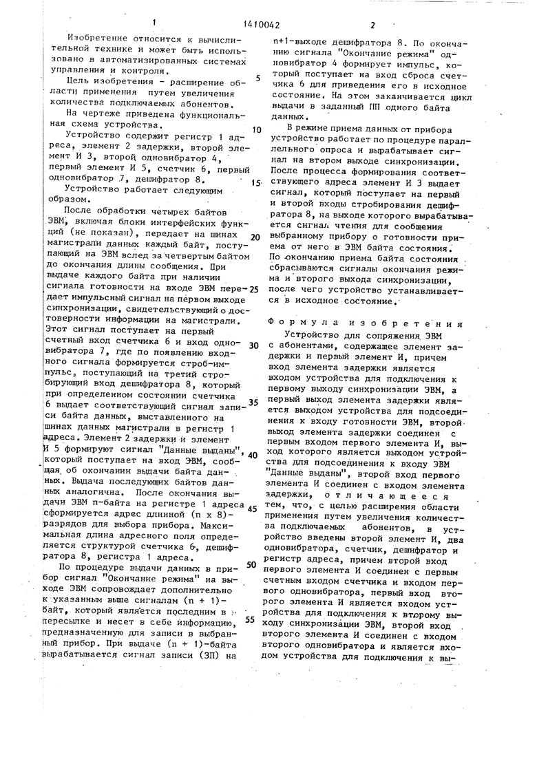 Устройство для сопряжения ЭВМ с абонентами. Советский патент 1988 года SU  1410042 A1. Изобретение по МКП G06F13/10 .