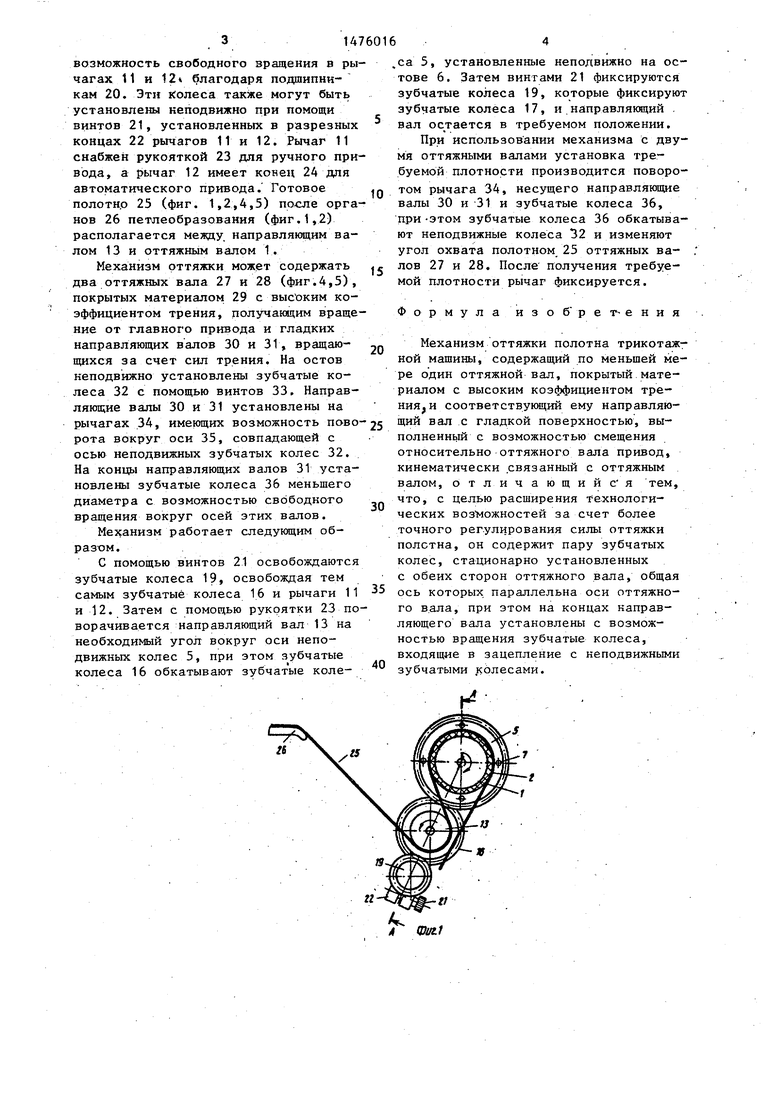 Механизм оттяжки полотна трикотажной машины. Советский патент 1989 года SU  1476016 A1. Изобретение по МКП D04B27/34 .