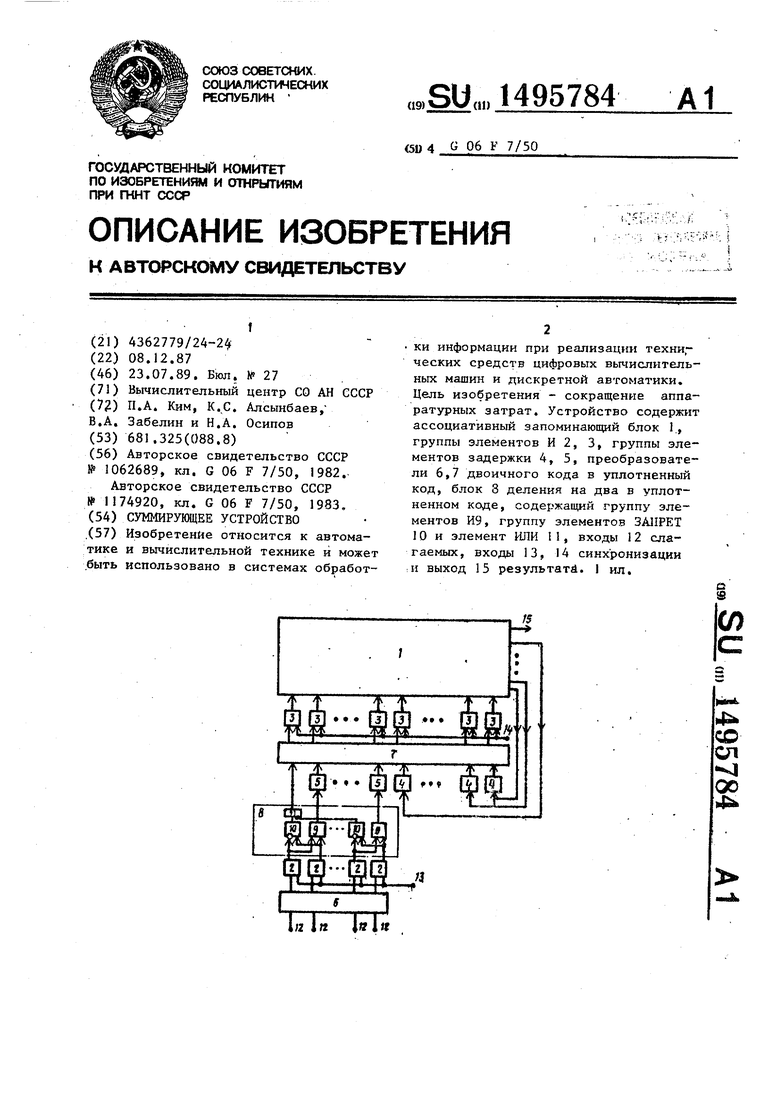 Суммирующее устройство. Советский патент 1989 года SU 1495784 A1.  Изобретение по МКП G06F7/50 .