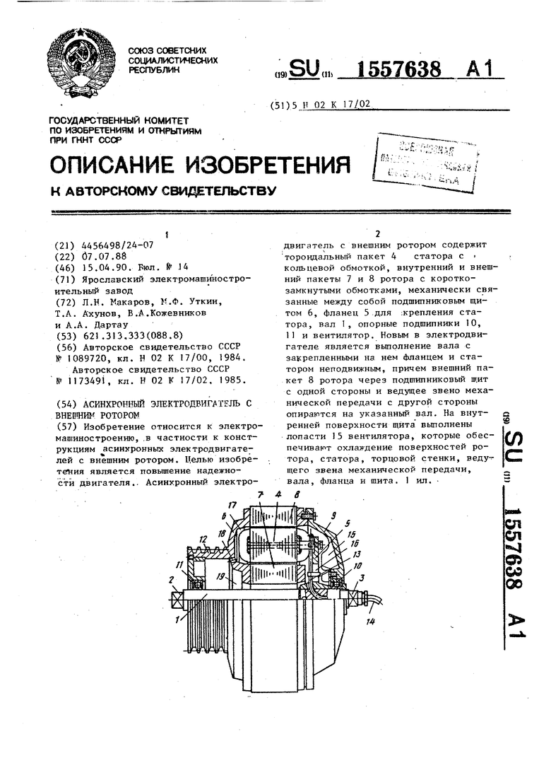 Асинхронный электродвигатель с внешним ротором. Советский патент 1990 года  SU 1557638 A1. Изобретение по МКП H02K17/02 .