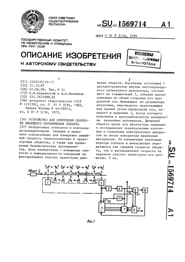 Устройство для измерения скорости линейного перемещения объекта. Советский  патент 1990 года SU 1569714 A1. Изобретение по МКП G01P3/36 G01P3/64 .