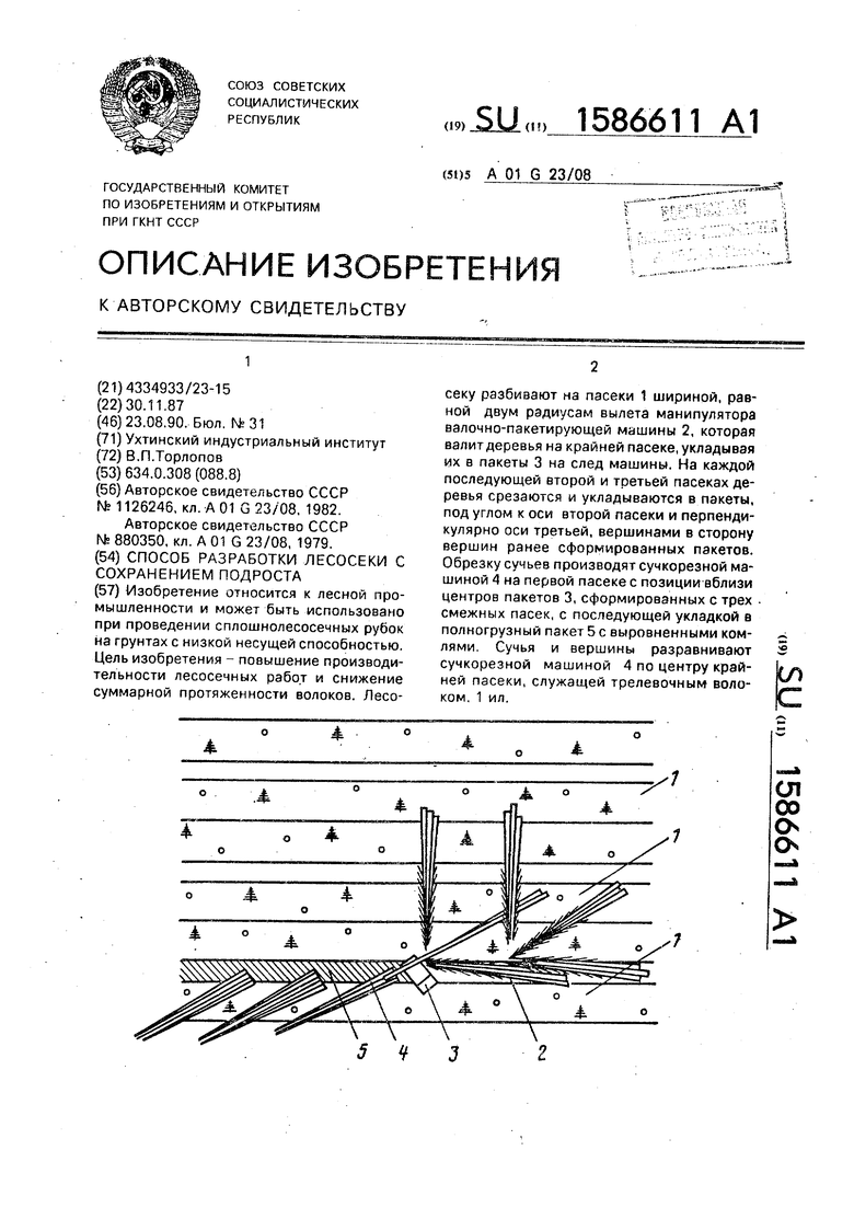 Способ разработки лесосеки с сохранением подроста. Советский патент 1990  года SU 1586611 A1. Изобретение по МКП A01G23/08 .