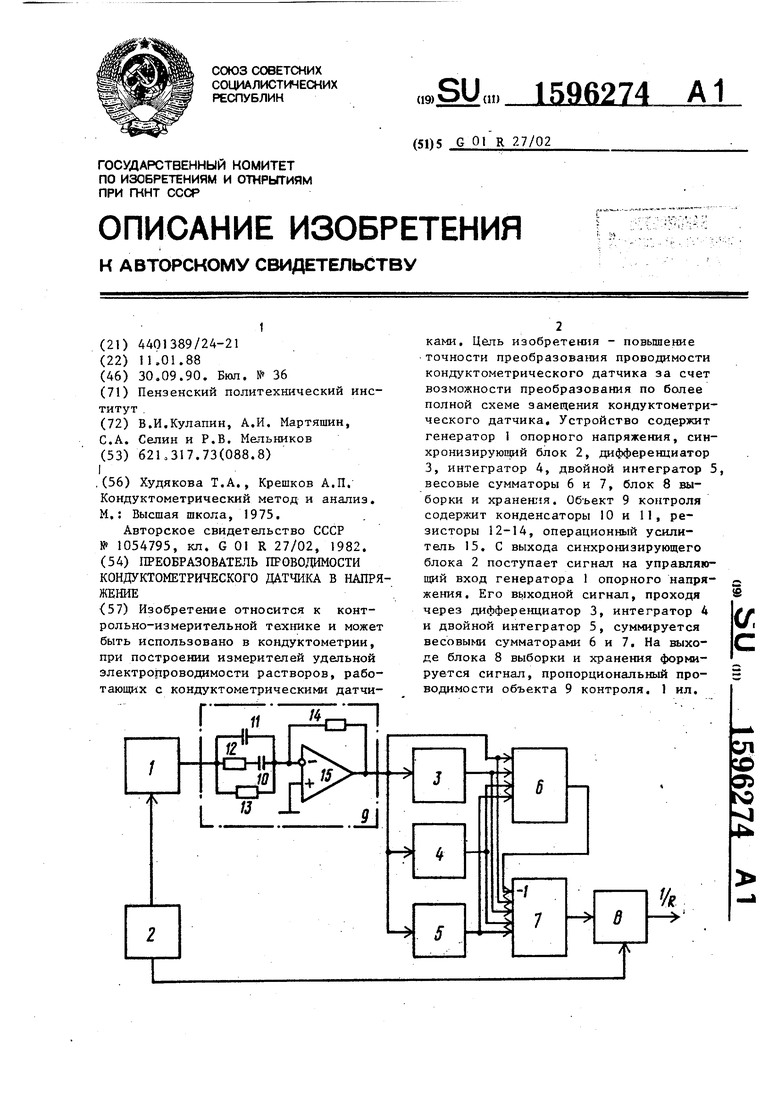 Преобразователь проводимости кондуктометрического датчика в напряжение.  Советский патент 1990 года SU 1596274 A1. Изобретение по МКП G01R27/02 .