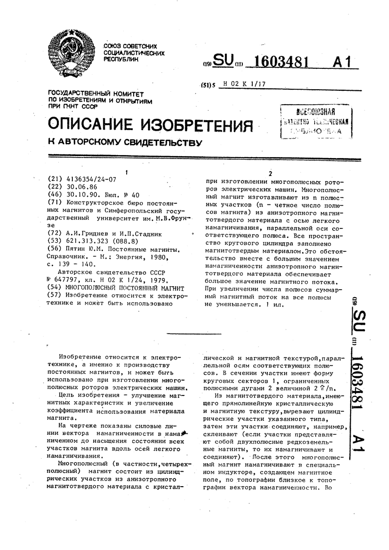 Многополюсный постоянный магнит. Советский патент 1990 года SU 1603481 A1.  Изобретение по МКП H02K1/17 .