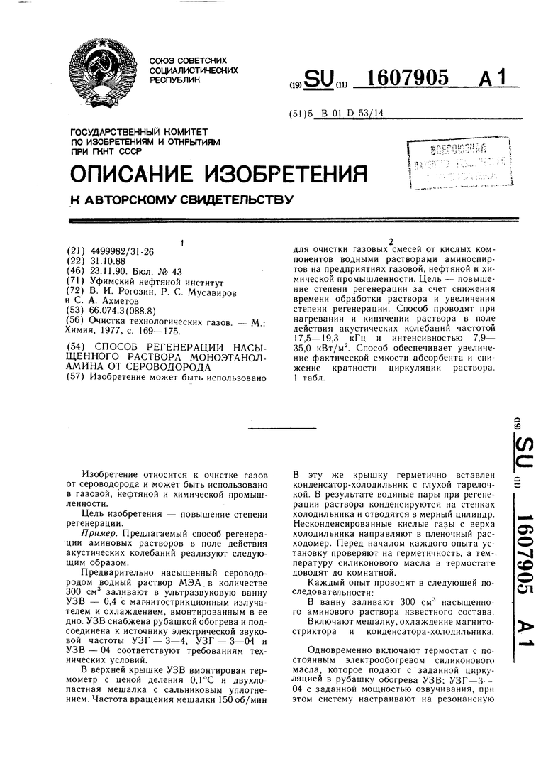 Способ регенерации насыщенного раствора моноэтаноламина от сероводорода.  Советский патент 1990 года SU 1607905 A1. Изобретение по МКП B01D53/14 .