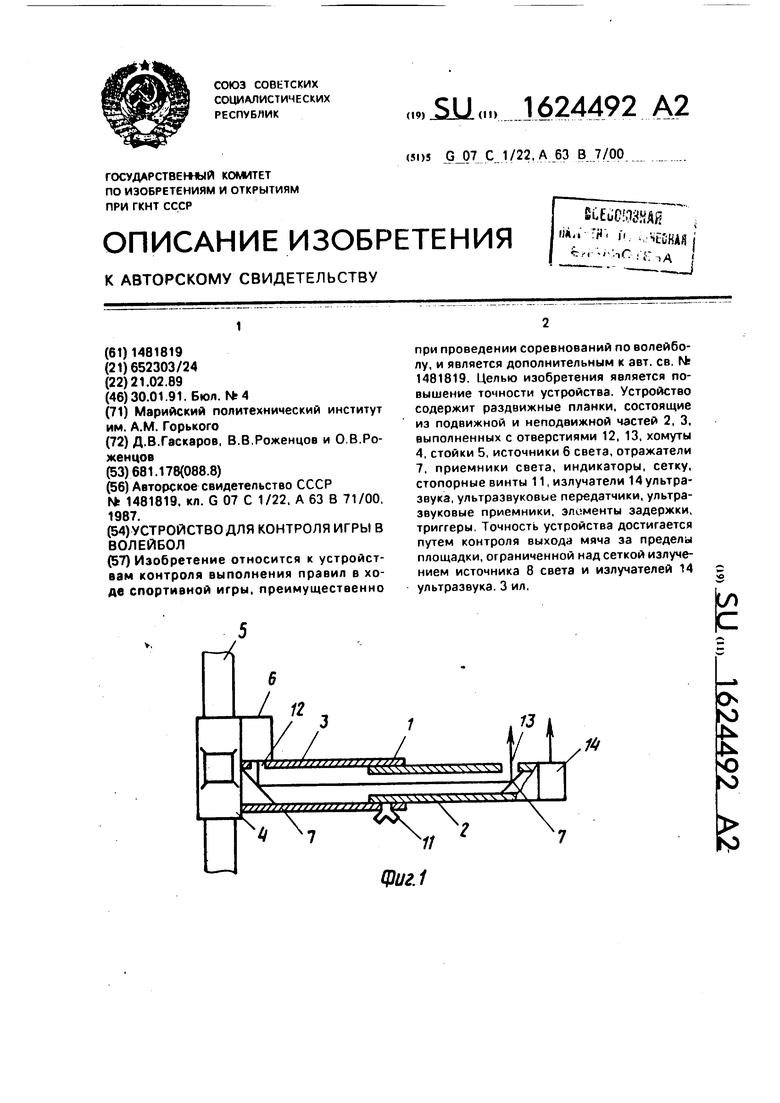 Устройство для контроля игры в волейбол. Советский патент 1991 года SU  1624492 A2. Изобретение по МКП G07C1/22 A63B71/00 .