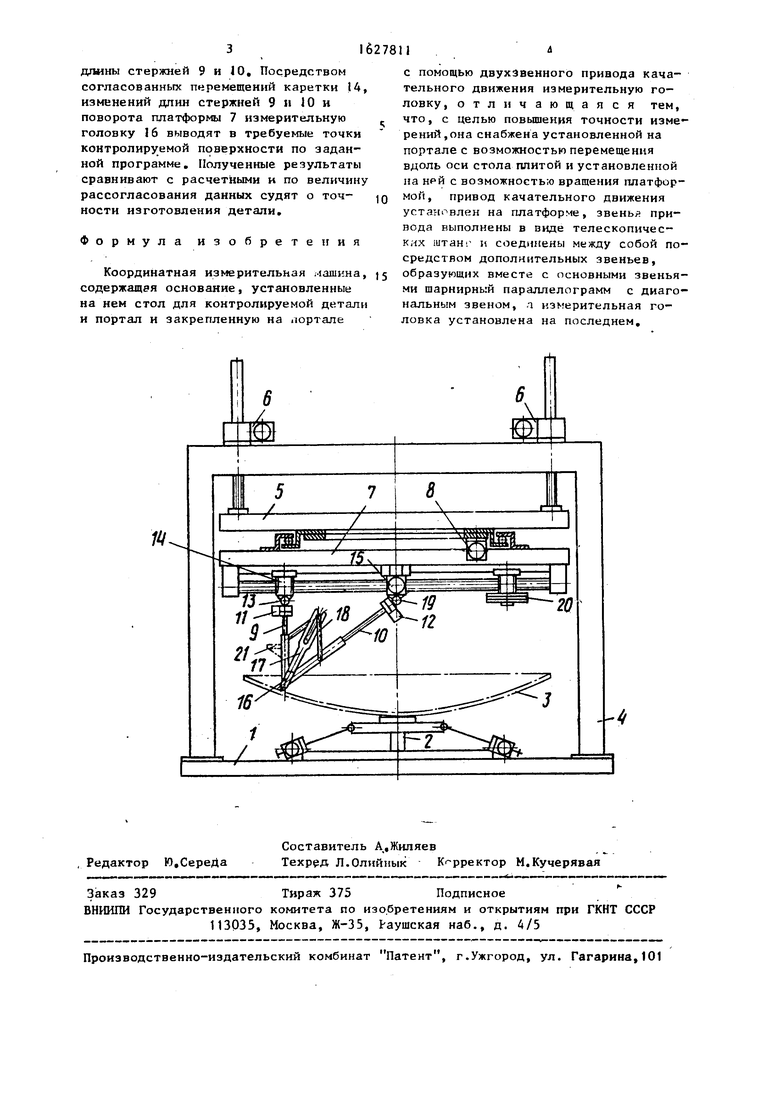 Координатная измерительная машина. Советский патент 1991 года SU 1627811  A1. Изобретение по МКП G01B5/20 .