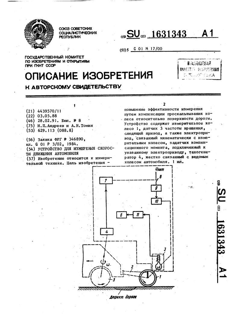 Устройство для измерения скорости движения автомобиля. Советский патент  1991 года SU 1631343 A1. Изобретение по МКП G01M17/00 .