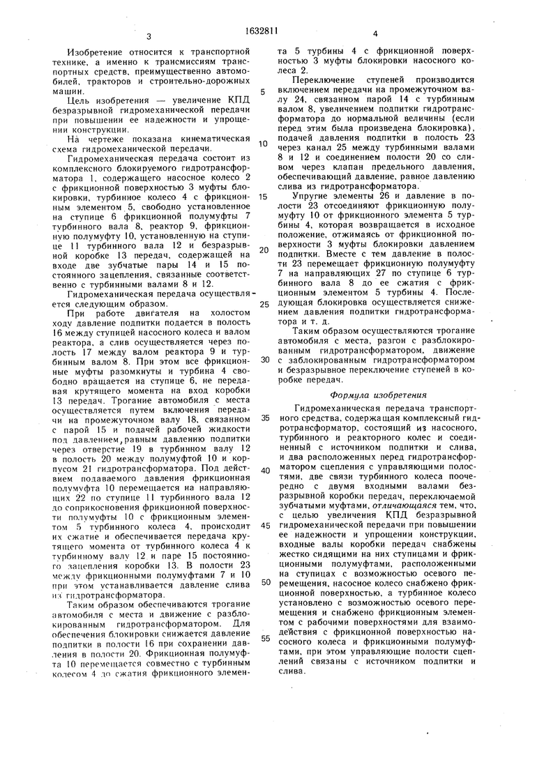 Гидромеханическая передача транспортного средства. Советский патент 1991  года SU 1632811 A1. Изобретение по МКП B60K17/10 .