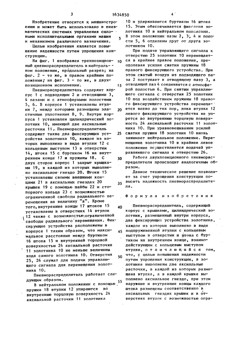 Пневмораспределитель. Советский патент 1991 года SU 1634850 A1. Изобретение  по МКП F15B13/02 .