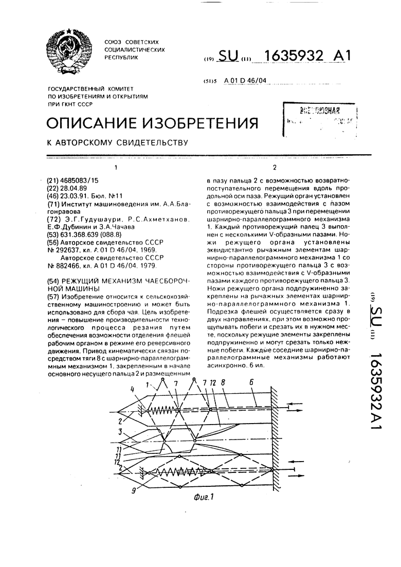 Режущий механизм чаесборочной машины. Советский патент 1991 года SU 1635932  A1. Изобретение по МКП A01D46/04 .