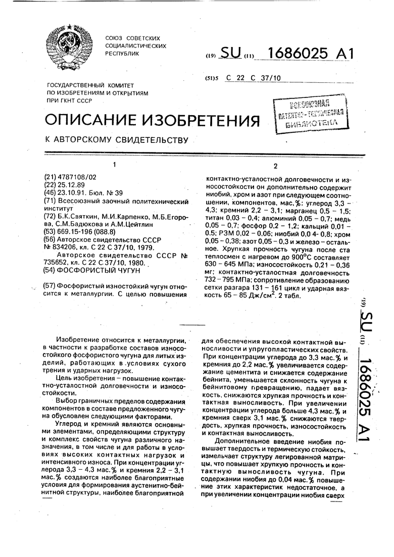 Фосфористый чугун. Советский патент 1991 года SU 1686025 A1. Изобретение по  МКП C22C37/10 .