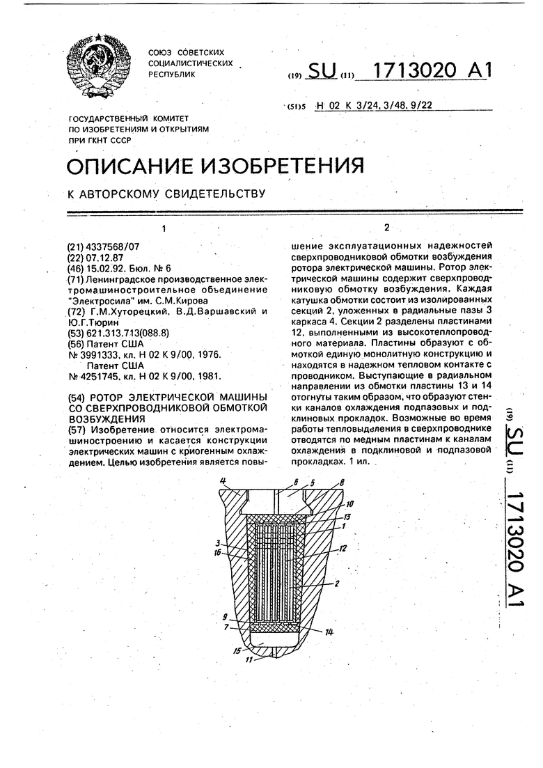 Ротор электрической машины со сверхпроводниковой обмоткой возбуждения.  Советский патент 1992 года SU 1713020 A1. Изобретение по МКП H02K3/24  H02K3/48 H02K9/22 .