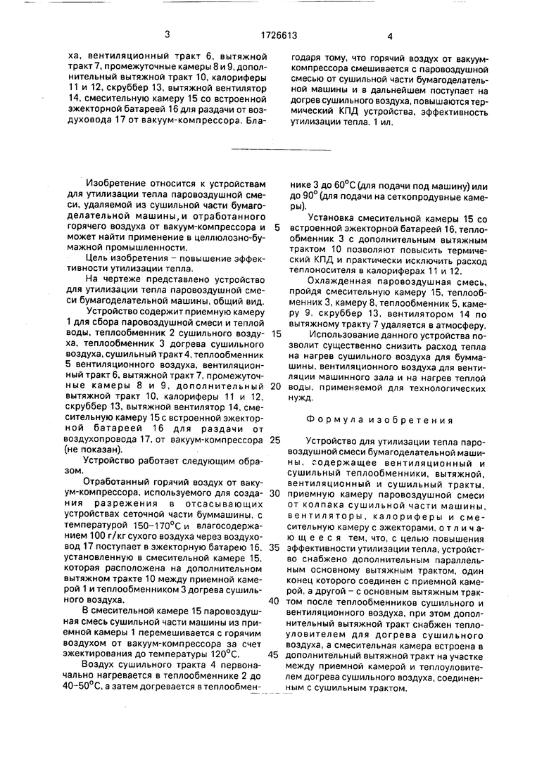 Устройство для утилизации тепла паровоздушной смеси бумагоделательной машины.  Советский патент 1992 года SU 1726613 A1. Изобретение по МКП D21F5/20 .