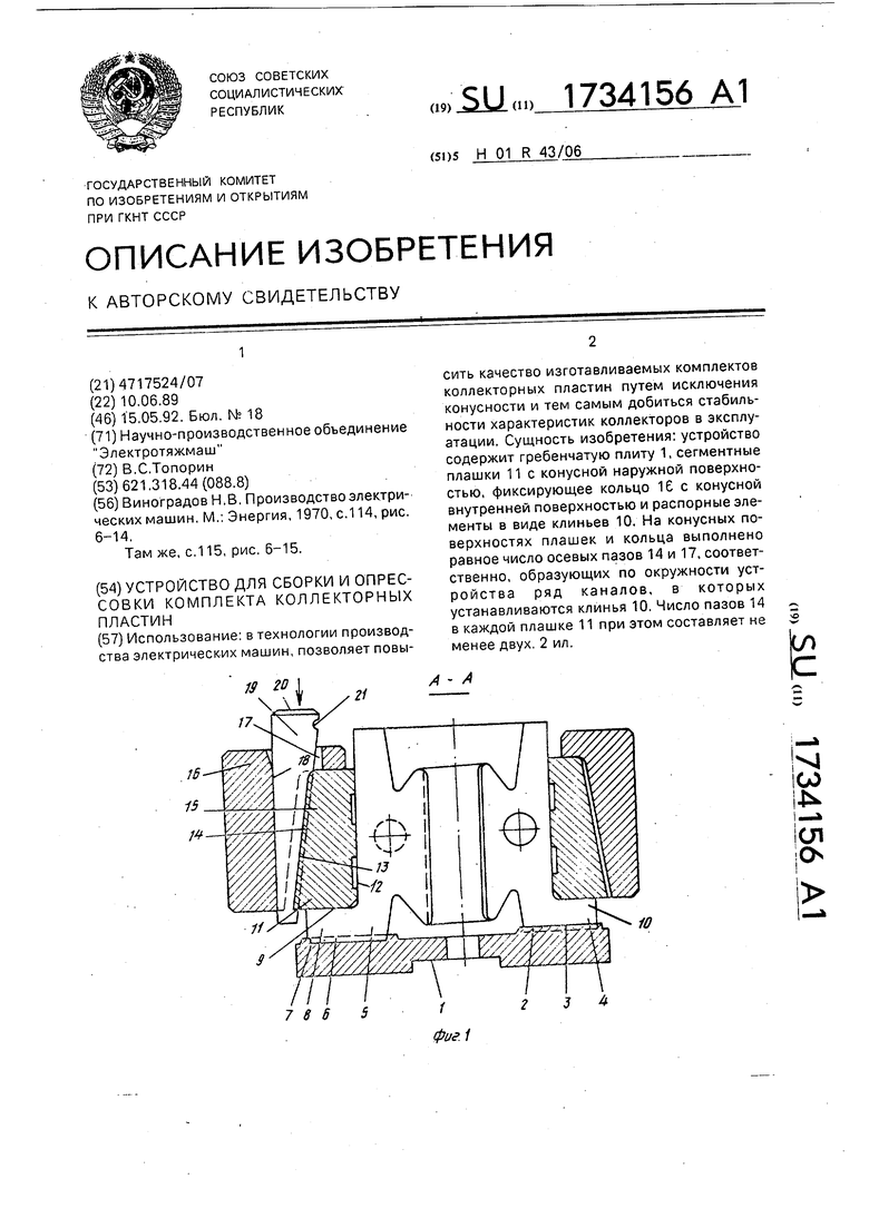 Устройство для сборки и опрессовки комплекта коллекторных пластин.  Советский патент 1992 года SU 1734156 A1. Изобретение по МКП H01R43/06 .