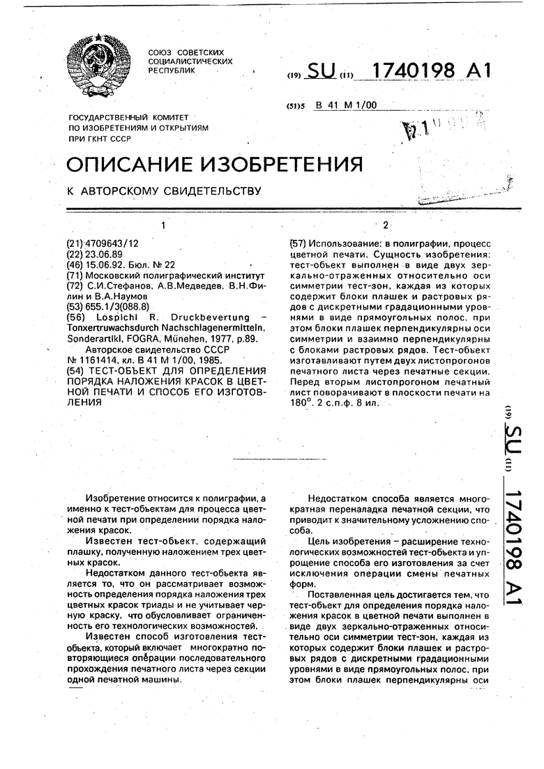 Тест-объект для определения порядка наложения красок в цветной печати и  способ его изготовления. Советский патент 1992 года SU 1740198 A1.  Изобретение по МКП B41M1/00 .