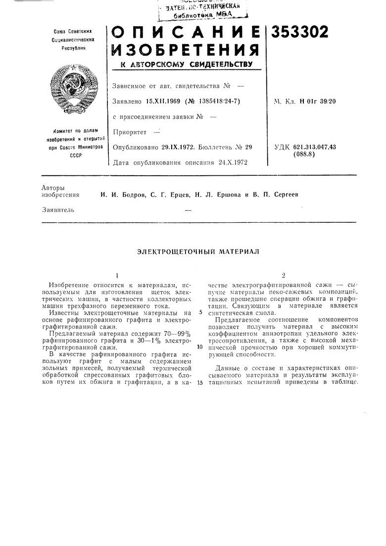 ЭЛЕКТРОЩЕТОЧНЫЙ МАТЕРИАЛ. Советский патент 1972 года SU 353302 A1.  Изобретение по МКП H01R39/20 .