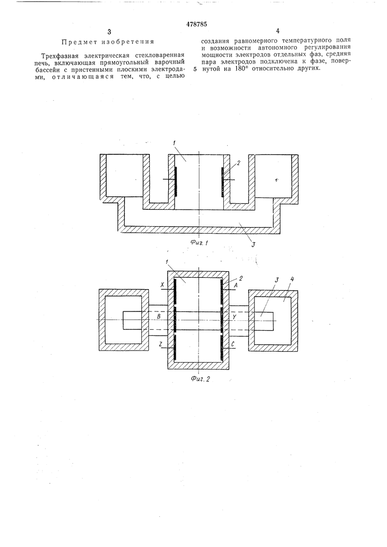 Трехфазная электрическая стекловаренная печь. Советский патент 1975 года SU  478785 A1. Изобретение по МКП C03B5/02 .