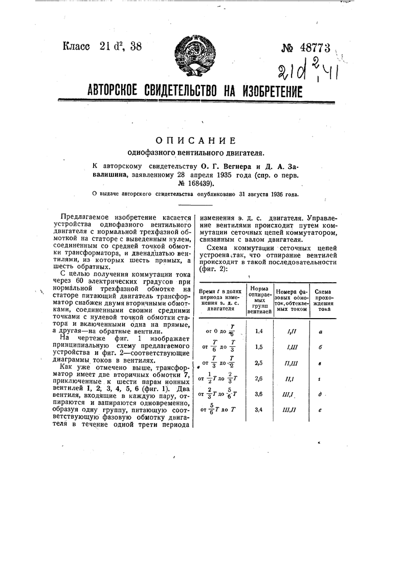 Однофазный вентильный двигатель. Советский патент 1936 года SU 48773 A1.  Изобретение по МКП H02K29/00 H02P6/00 .