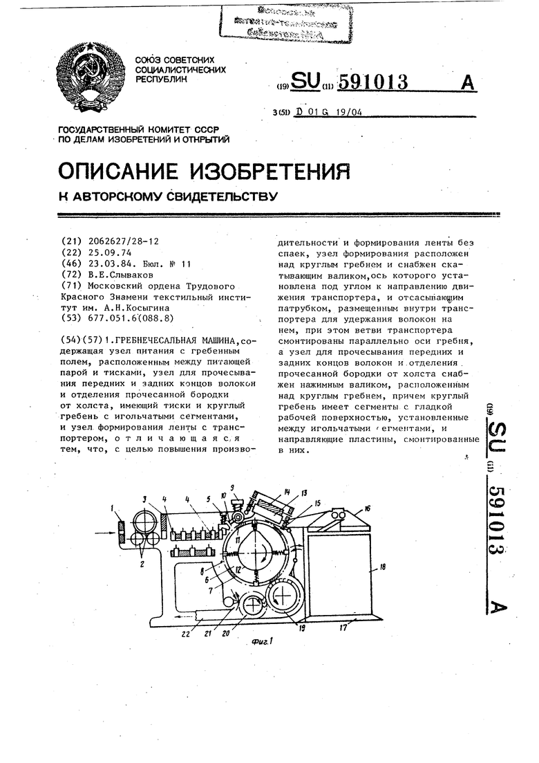 Гребнечесальная машина. Советский патент 1984 года SU 591013 A1.  Изобретение по МКП D01G19/04 .