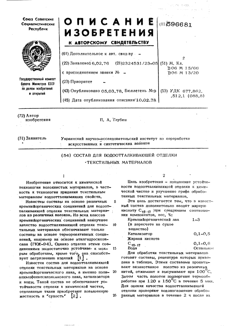 Состав для водоотталкивающей отделки текстильных материалов. Советский  патент 1978 года SU 596681 A1. Изобретение по МКП D06M15/66 D06M13/20 .