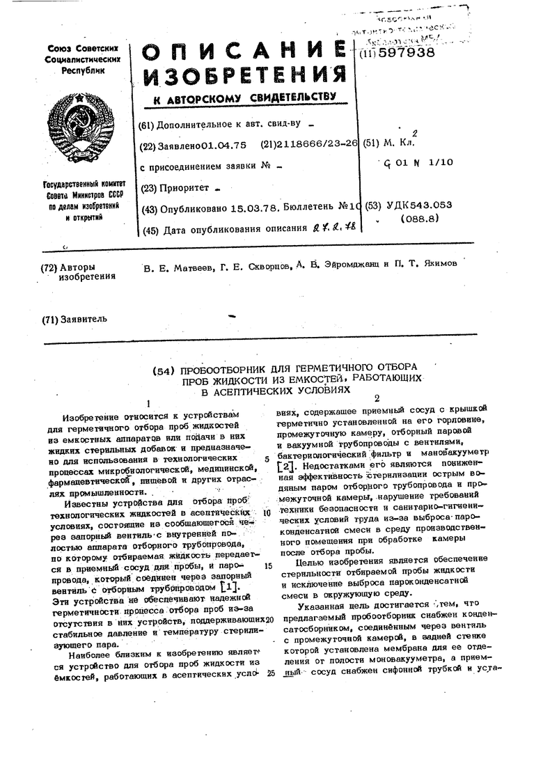 Отбор жидкой пробы. Пробоотборник герметичный. Схема устройства для отбора проб с соблюдением асептических условий.