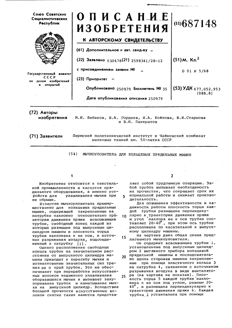 Мычкоуловитель для кольцевых прядильных машин. Советский патент 1979 года  SU 687148 A1. Изобретение по МКП D01H5/68 .