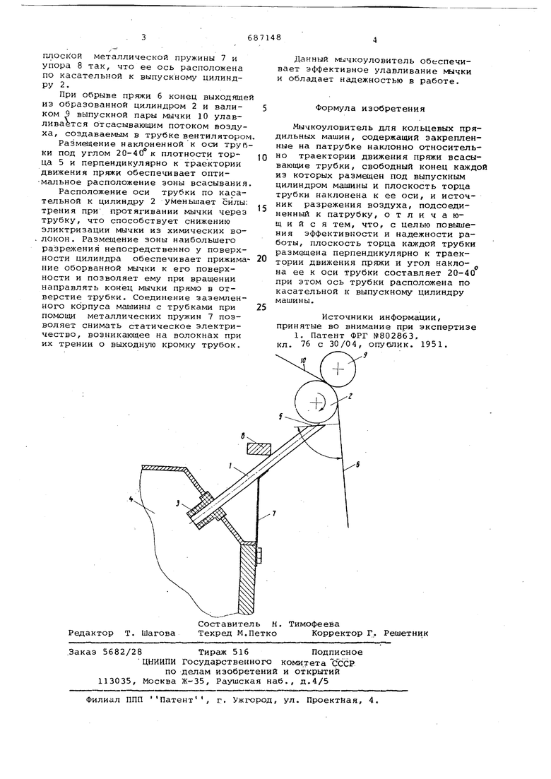 Мычкоуловитель для кольцевых прядильных машин. Советский патент 1979 года  SU 687148 A1. Изобретение по МКП D01H5/68 .