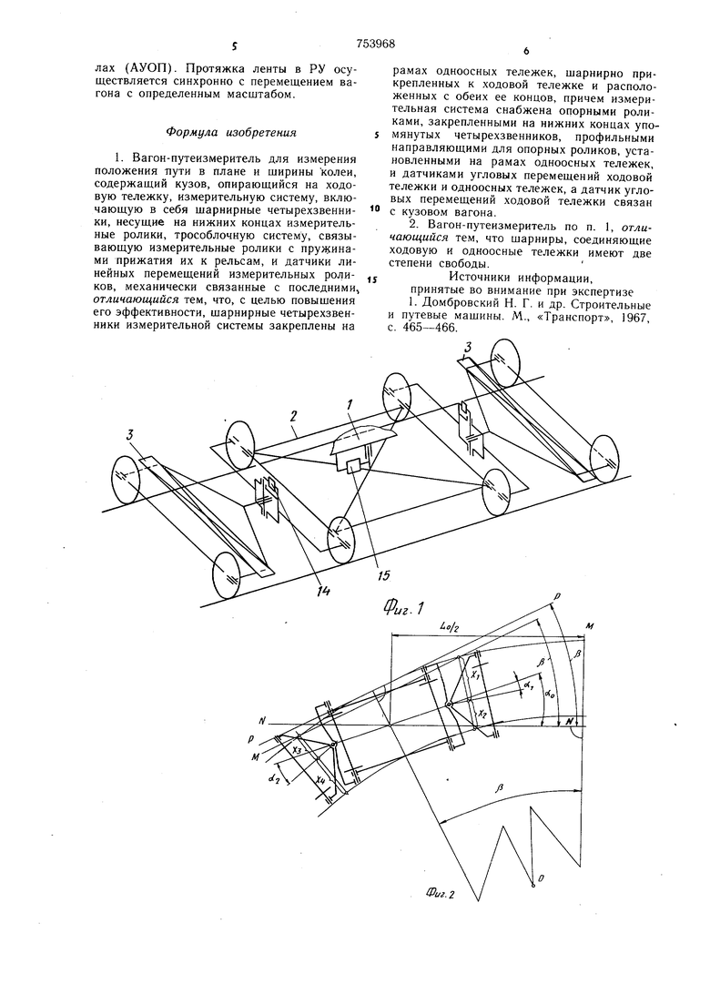 Вагон-путеизмеритель для измерения положения пути в плане и ширины колеи.  Советский патент 1980 года SU 753968 A1. Изобретение по МКП E01B35/04 .