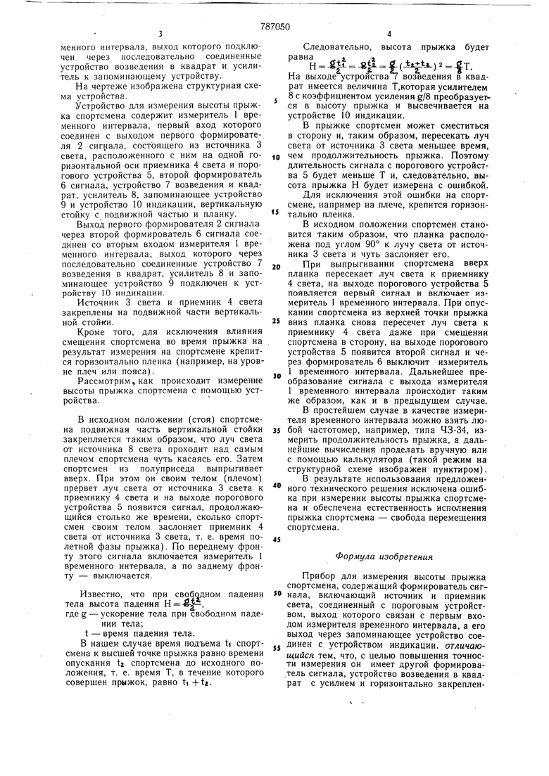 Прибор для измерения высоты прыжка спортсмена. Советский патент 1980 года  SU 787050 A1. Изобретение по МКП A63B5/00 .