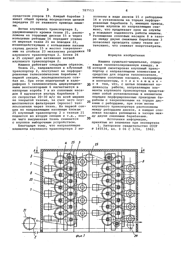 Машина сушильно-ширильная. Советский патент 1980 года SU 787513 A1.  Изобретение по МКП D06C3/02 .