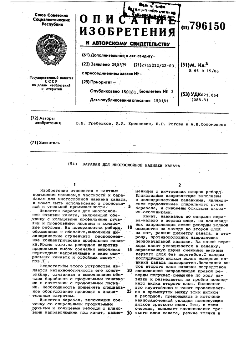 Барабан для многослойной навивкиКАНАТА. Советский патент 1981 года SU  796150 A1. Изобретение по МКП B66B15/06 .