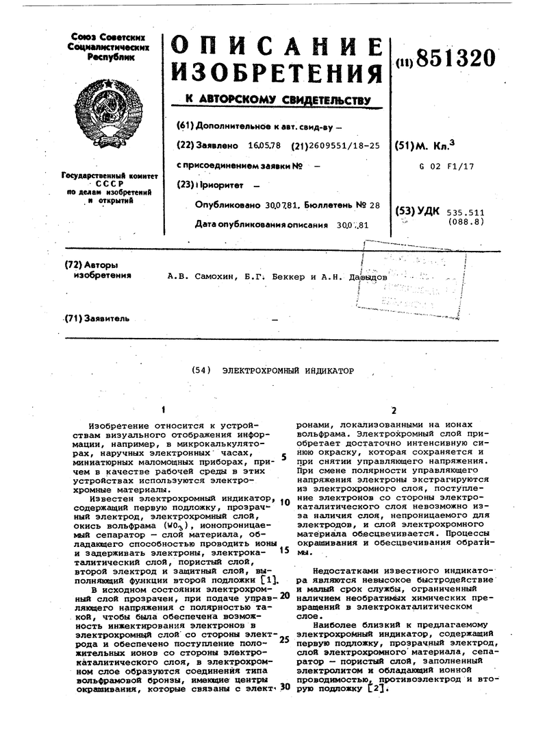 Электрохромный индикатор. Советский патент 1981 года SU 851320 A1.  Изобретение по МКП G02F1/17 .