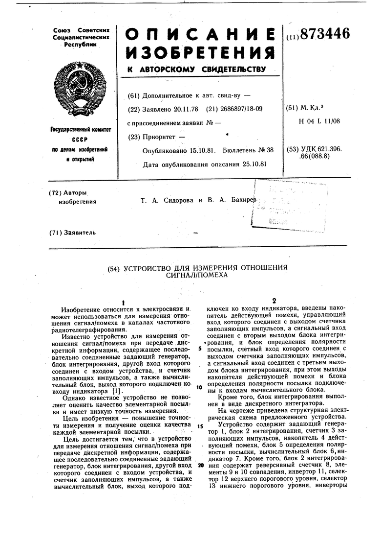 Устройство для измерения отношения сигнал/помеха. Советский патент 1981  года SU 873446 A1. Изобретение по МКП H04L11/08 .